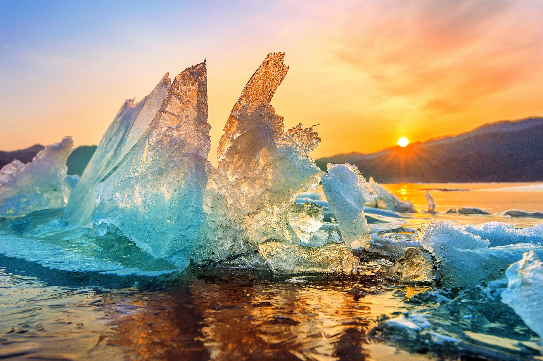 chunk of Ice at Sunrise in winter