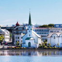 Reykjavic, Iceland city scape - lake quay in city center.