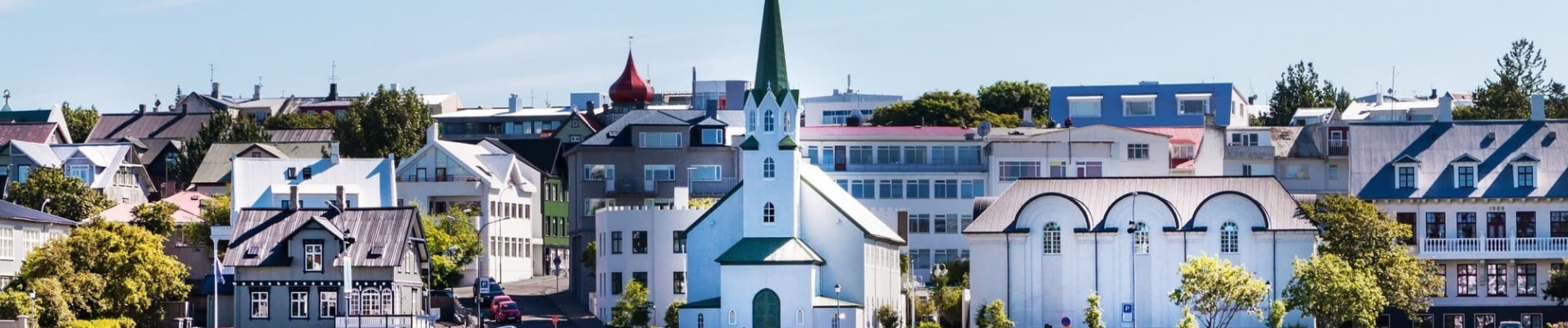 Reykjavic, Iceland city scape - lake quay in city center.